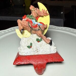 Vintage Cast Iron Reindeer Moon Christmas Stocking Holder 4" High Celestial Red